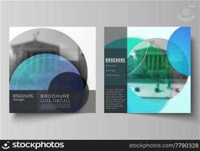 The minimal vector illustration of editable layout of two square format covers design templates for brochure, flyer, magazine. Creative modern bright background with colorful circles and round shapes. The minimal vector illustration of editable layout of two square format covers design templates for brochure, flyer, magazine. Creative modern bright background with colorful circles and round shapes.