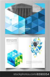 The minimal vector illustration of editable layouts. Modern creative covers design templates for trifold brochure or flyer. Blue color polygonal background with triangles, colorful mosaic pattern. The minimal vector illustration of editable layouts. Modern creative covers design templates for trifold brochure or flyer. Blue color polygonal background with triangles, colorful mosaic pattern.