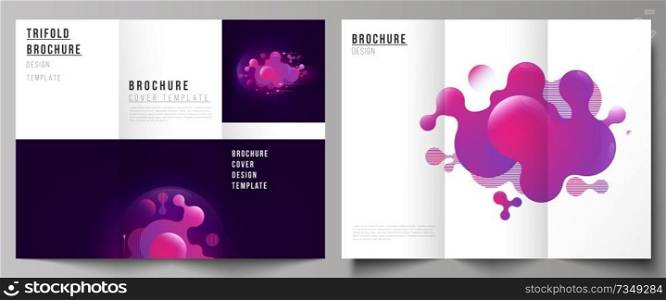 The minimal vector illustration of editable layouts. Modern creative covers design templates for trifold brochure or flyer. Black background with fluid gradient, liquid pink colored geometric element. The minimal vector illustration of editable layouts. Modern creative covers design templates for trifold brochure or flyer. Black background with fluid gradient, liquid pink colored geometric element.