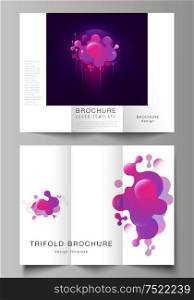 The minimal vector illustration of editable layouts. Modern creative covers design templates for trifold brochure or flyer. Black background with fluid gradient, liquid pink colored geometric element. The minimal vector illustration of editable layouts. Modern creative covers design templates for trifold brochure or flyer. Black background with fluid gradient, liquid pink colored geometric element.