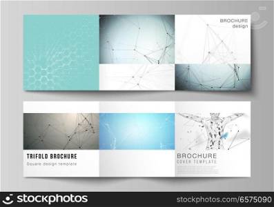 The minimal vector layout. Modern covers design templates for trifold square brochure or flyer. Technology, science, medical concept. Molecule structure, connecting lines and dots. Futuristic background.. Minimal vector layout. Modern covers design templates for trifold square brochure or flyer. Technology, science, medical concept. Molecule structure, connecting lines and dots. Futuristic background