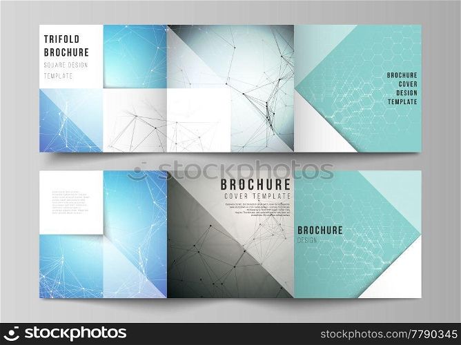 The minimal vector layout. Modern covers design templates for trifold square brochure or flyer. Technology, science, medical concept. Molecule structure, connecting lines and dots. Futuristic background.. Minimal vector layout. Modern covers design templates for trifold square brochure or flyer. Technology, science, medical concept. Molecule structure, connecting lines and dots. Futuristic background
