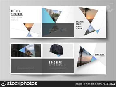 The minimal vector layout of square format covers design templates for trifold brochure, flyer, magazine. Creative modern background with blue triangles and triangular shapes. Simple design decoration.. The minimal vector layout of square format covers design templates for trifold brochure, flyer, magazine. Creative modern background with blue triangles and triangular shapes. Simple design decoration