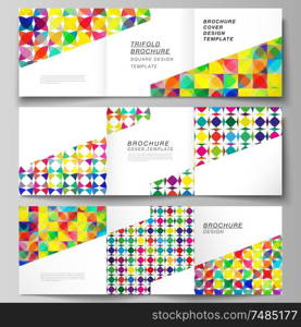 The minimal vector layout of square format covers design templates for trifold brochure, flyer, magazine. Abstract background, geometric mosaic pattern with bright circles, geometric shapes design. The minimal vector layout of square format covers design templates for trifold brochure, flyer, magazine. Abstract background, geometric mosaic pattern with bright circles, geometric shapes design.
