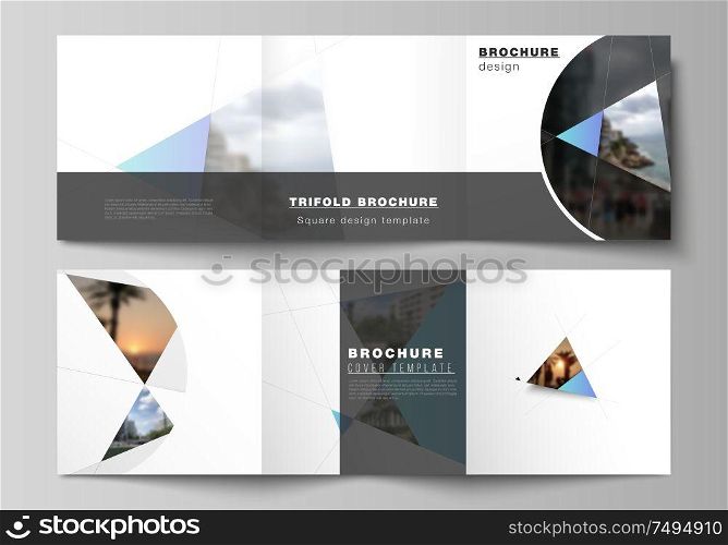 The minimal vector layout of square format covers design templates for trifold brochure, flyer, magazine. Creative modern background with blue triangles and triangular shapes. Simple design decoration.. The minimal vector layout of square format covers design templates for trifold brochure, flyer, magazine. Creative modern background with blue triangles and triangular shapes. Simple design decoration