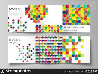 The minimal vector layout of square format covers design templates for trifold brochure, flyer, magazine. Abstract background, geometric mosaic pattern with bright circles, geometric shapes design. The minimal vector layout of square format covers design templates for trifold brochure, flyer, magazine. Abstract background, geometric mosaic pattern with bright circles, geometric shapes design.