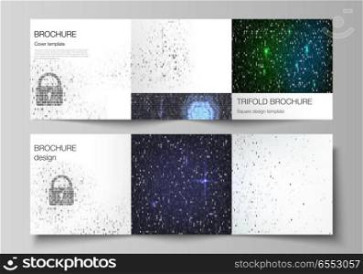 The minimal vector layout of two square format covers design templates for trifold square brochure, flyer. Binary code background. AI, big data, coding or hacker concept, digital technology background.. The minimal vector layout of two square format covers design templates for trifold square brochure, flyer. Binary code background. AI, big data, coding or hacker concept, digital technology background