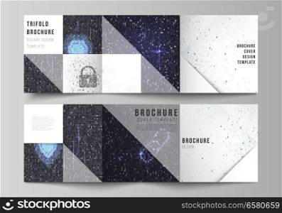 The minimal vector layout of two square format covers design templates for trifold square brochure, flyer. Binary code background. AI, big data, coding or hacker concept, digital technology background.. The minimal vector layout of two square format covers design templates for trifold square brochure, flyer. Binary code background. AI, big data, coding or hacker concept, digital technology background