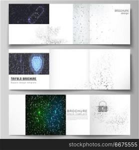 The minimal vector layout of two square format covers design templates for trifold square brochure, flyer. Binary code background. AI, big data, coding or hacker concept, digital technology background. The minimal vector layout of two square format covers design templates for trifold square brochure, flyer. Binary code background. AI, big data, coding or hacker concept, digital technology background.