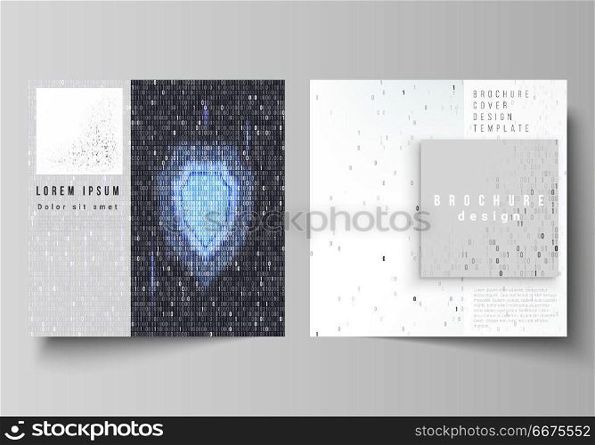 The minimal vector layout of two square format covers design templates for brochure, flyer, magazine. Binary code background. AI, big data, coding or hacker concept, digital technology background.. The minimal vector layout of two square format covers design templates for brochure, flyer, magazine. Binary code background. AI, big data, coding or hacker concept, digital technology background
