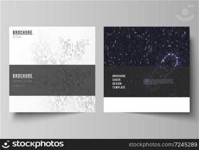 The minimal vector layout of two square format covers design templates for brochure, flyer, magazine. Binary code background. AI, big data, coding or hacker concept, digital technology background. The minimal vector layout of two square format covers design templates for brochure, flyer, magazine. Binary code background. AI, big data, coding or hacker concept, digital technology background.