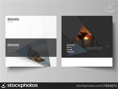 The minimal vector layout of two square format covers design templates for brochure, flyer, magazine. Creative modern background with blue triangles and triangular shapes. Simple design decoration. The minimal vector layout of two square format covers design templates for brochure, flyer, magazine. Creative modern background with blue triangles and triangular shapes. Simple design decoration.