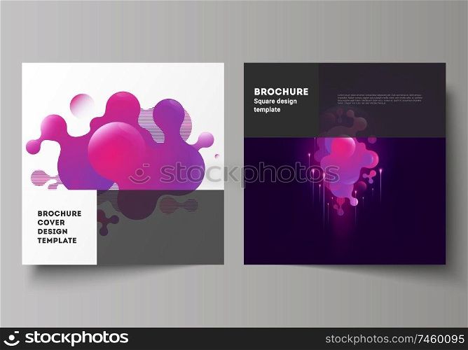 The minimal vector layout of two square format covers design templates for brochure, flyer, magazine. Black background with fluid gradient, liquid pink colored geometric element. The minimal vector layout of two square format covers design templates for brochure, flyer, magazine. Black background with fluid gradient, liquid pink colored geometric element.