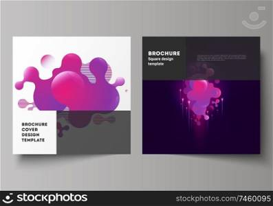 The minimal vector layout of two square format covers design templates for brochure, flyer, magazine. Black background with fluid gradient, liquid pink colored geometric element. The minimal vector layout of two square format covers design templates for brochure, flyer, magazine. Black background with fluid gradient, liquid pink colored geometric element.