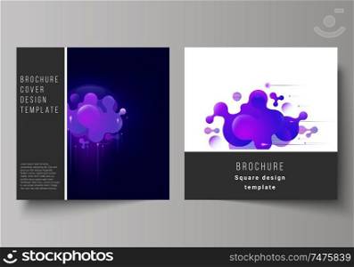 The minimal vector layout of two square format covers design templates for brochure, flyer, magazine. Black background with fluid gradient, liquid blue colored geometric element. The minimal vector layout of two square format covers design templates for brochure, flyer, magazine. Black background with fluid gradient, liquid blue colored geometric element.