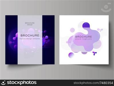 The minimal vector layout of two square format covers design templates for brochure, flyer, magazine. Black background with fluid gradient, liquid blue colored geometric element. The minimal vector layout of two square format covers design templates for brochure, flyer, magazine. Black background with fluid gradient, liquid blue colored geometric element.
