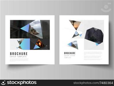 The minimal vector layout of two square format covers design templates for brochure, flyer, magazine. Creative modern background with blue triangles and triangular shapes. Simple design decoration. The minimal vector layout of two square format covers design templates for brochure, flyer, magazine. Creative modern background with blue triangles and triangular shapes. Simple design decoration.