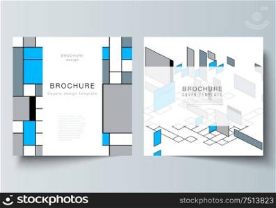 The minimal vector layout of two square format covers design templates for brochure, flyer, magazine. Abstract polygonal background, colorful mosaic pattern, retro bauhaus de stijl design. The minimal vector layout of two square format covers design templates for brochure, flyer, magazine. Abstract polygonal background, colorful mosaic pattern, retro bauhaus de stijl design.