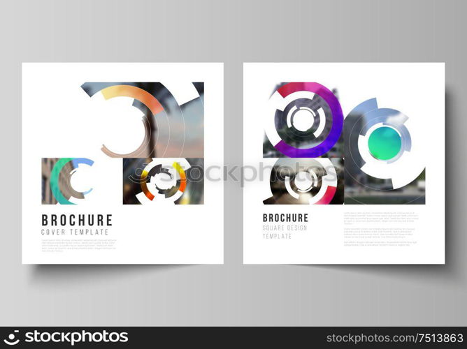 The minimal vector layout of two square format covers design templates for brochure, flyer, magazine. Futuristic design circular pattern, circle elements forming geometric frame for photo. The minimal vector layout of two square format covers design templates for brochure, flyer, magazine. Futuristic design circular pattern, circle elements forming geometric frame for photo.