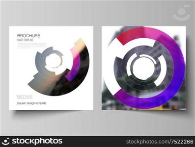 The minimal vector layout of two square format covers design templates for brochure, flyer, magazine. Futuristic design circular pattern, circle elements forming geometric frame for photo. The minimal vector layout of two square format covers design templates for brochure, flyer, magazine. Futuristic design circular pattern, circle elements forming geometric frame for photo.