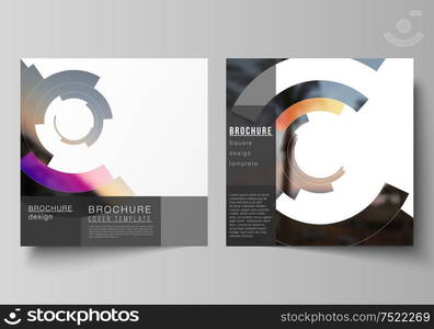 The minimal vector layout of two square format covers design templates for brochure, flyer, magazine. Futuristic design circular pattern, circle elements forming geometric frame for photo. The minimal vector layout of two square format covers design templates for brochure, flyer, magazine. Futuristic design circular pattern, circle elements forming geometric frame for photo.