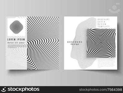 The minimal vector layout of two square format covers design templates for brochure, flyer, magazine. Abstract 3D geometrical background with optical illusion black and white design pattern. The minimal vector layout of two square format covers design templates for brochure, flyer, magazine. Abstract 3D geometrical background with optical illusion black and white design pattern.