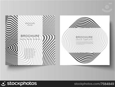The minimal vector layout of two square format covers design templates for brochure, flyer, magazine. Abstract 3D geometrical background with optical illusion black and white design pattern. The minimal vector layout of two square format covers design templates for brochure, flyer, magazine. Abstract 3D geometrical background with optical illusion black and white design pattern.