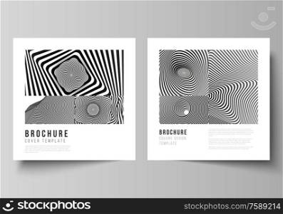 The minimal vector layout of two square format covers design templates for brochure, flyer, magazine. Abstract 3D geometrical background with optical illusion black and white design pattern. The minimal vector layout of two square format covers design templates for brochure, flyer, magazine. Abstract 3D geometrical background with optical illusion black and white design pattern.
