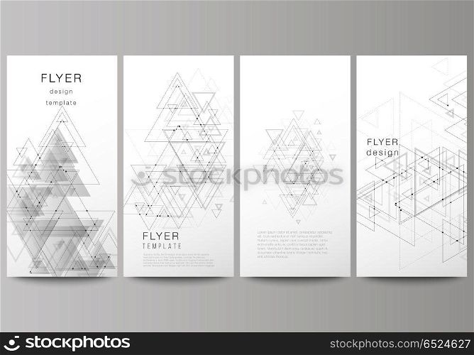 The minimalistic abstract editable vector layout of four modern vertical banners, flyers design business templates. Polygonal background with triangles, connecting dots and lines. Connection structure. The minimalistic abstract vector layout of four modern vertical banners, flyers design business templates. Polygonal background with triangles, connecting dots and lines. Connection structure.