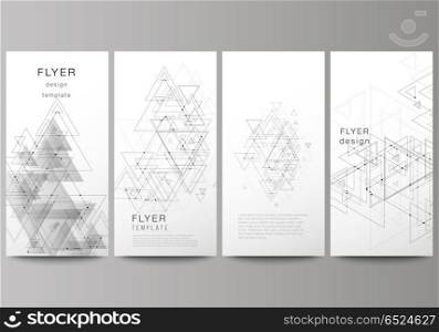 The minimalistic abstract editable vector layout of four modern vertical banners, flyers design business templates. Polygonal background with triangles, connecting dots and lines. Connection structure. The minimalistic abstract vector layout of four modern vertical banners, flyers design business templates. Polygonal background with triangles, connecting dots and lines. Connection structure.