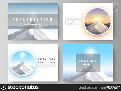 The minimalistic abstract vector illustration layout of the presentation slides design business templates. Mountain illustration, outdoor adventure. Travel concept background. Flat design vector. The minimalistic abstract vector illustration layout of the presentation slides design business templates. Mountain illustration, outdoor adventure. Travel concept background. Flat design vector.