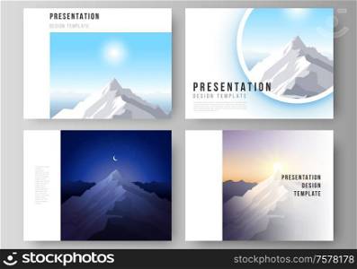 The minimalistic abstract vector illustration layout of the presentation slides design business templates. Mountain illustration, outdoor adventure. Travel concept background. Flat design vector. The minimalistic abstract vector illustration layout of the presentation slides design business templates. Mountain illustration, outdoor adventure. Travel concept background. Flat design vector.