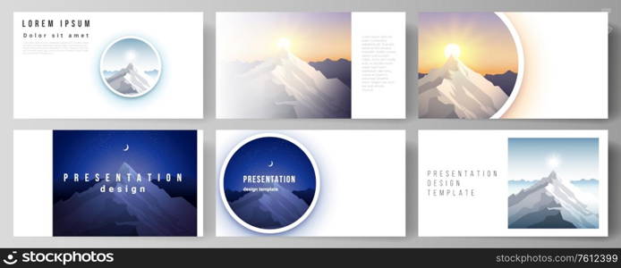 The minimalistic abstract vector illustration layout of the presentation slides design business templates. Mountain illustration, outdoor adventure. Travel concept background. Flat design vector. The minimalistic abstract vector illustration layout of the presentation slides design business templates. Mountain illustration, outdoor adventure. Travel concept background. Flat design vector.