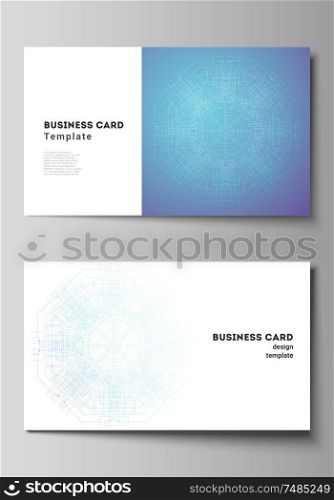 The minimalistic abstract vector illustration layout of two creative business cards design templates. Big Data Visualization, geometric communication background with connected lines and dots. The minimalistic abstract vector illustration layout of two creative business cards design templates. Big Data Visualization, geometric communication background with connected lines and dots.