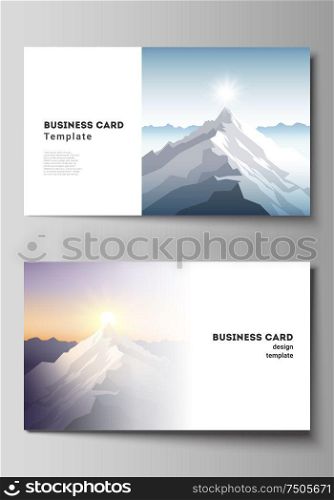 The minimalistic abstract vector illustration layout of two creative business cards design templates. Mountain illustration, outdoor adventure. Travel concept background. Flat design vector. The minimalistic abstract vector illustration layout of two creative business cards design templates. Mountain illustration, outdoor adventure. Travel concept background. Flat design vector.