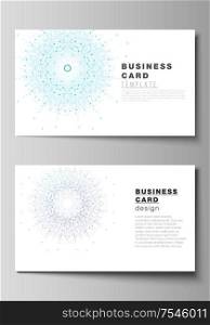 The minimalistic abstract vector illustration layout of two creative business cards design templates. Big Data Visualization, geometric communication background with connected lines and dots. The minimalistic abstract vector illustration layout of two creative business cards design templates. Big Data Visualization, geometric communication background with connected lines and dots.