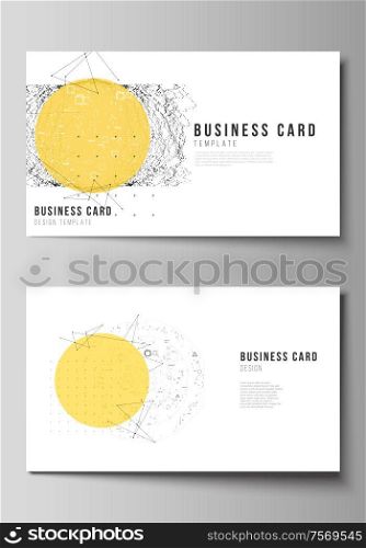 The minimalistic abstract vector illustration layout of two creative business cards design templates. Science or technology 3d background with dynamic particles. Chemistry and science concept. The minimalistic abstract vector illustration layout of two creative business cards design templates. Science or technology 3d background with dynamic particles. Chemistry and science concept.