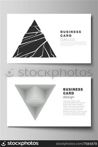 The minimalistic abstract vector illustration layout of two creative business cards design templates. Abstract geometric triangle design background using different triangular style patterns. The minimalistic abstract vector illustration layout of two creative business cards design templates. Abstract geometric triangle design background using different triangular style patterns.