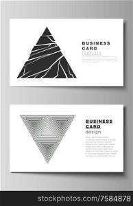 The minimalistic abstract vector illustration layout of two creative business cards design templates. Abstract geometric triangle design background using different triangular style patterns. The minimalistic abstract vector illustration layout of two creative business cards design templates. Abstract geometric triangle design background using different triangular style patterns.
