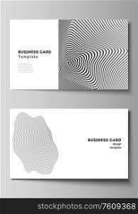The minimalistic abstract vector illustration layout of two creative business cards design templates. Abstract 3D geometrical background with optical illusion black and white design pattern. The minimalistic abstract vector illustration layout of two creative business cards design templates. Abstract 3D geometrical background with optical illusion black and white design pattern.