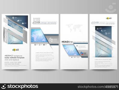 The minimalistic abstract vector illustration of editable layout of four modern vertical banners, flyers design business templates. World map on blue, geometric technology design, polygonal texture.. The minimalistic abstract vector illustration of the editable layout of four modern vertical banners, flyers design business templates. World map on blue, geometric technology design, polygonal texture.
