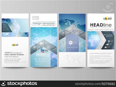 The minimalistic abstract vector illustration of editable layout of four modern vertical banners, flyers design business templates. World map on blue, geometric technology design, polygonal texture.. The minimalistic abstract vector illustration of the editable layout of four modern vertical banners, flyers design business templates. World map on blue, geometric technology design, polygonal texture.