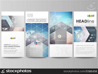 The minimalistic abstract vector illustration of editable layout of four modern vertical banners, flyers design business templates. Polygonal geometric linear texture. Global network, dig data concept. The minimalistic abstract vector illustration of the editable layout of four modern vertical banners, flyers design business templates. Polygonal geometric linear texture. Global network, dig data concept.