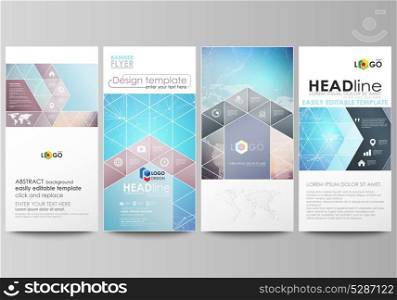 The minimalistic abstract vector illustration of editable layout of four modern vertical banners, flyers design business templates. Molecule structure. Science, technology concept. Polygonal design.. The minimalistic abstract vector illustration of editable layout of four modern vertical banners, flyers design business templates. Molecule structure. Science, technology concept. Polygonal design