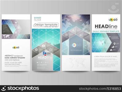 The minimalistic abstract vector illustration of editable layout of four modern vertical banners, flyers design business templates. Molecule structure, connecting lines and dots. Technology concept.. The minimalistic abstract vector illustration of the editable layout of four modern vertical banners, flyers design business templates. Molecule structure, connecting lines and dots. Technology concept.