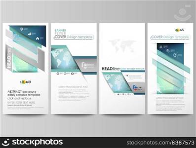 The minimalistic abstract vector illustration of editable layout of four modern vertical banners, flyers design business templates. Chemistry pattern, molecule structure, geometric design background.. The minimalistic abstract vector illustration of the editable layout of four modern vertical banners, flyers design business templates. Chemistry pattern, molecule structure, geometric design background.