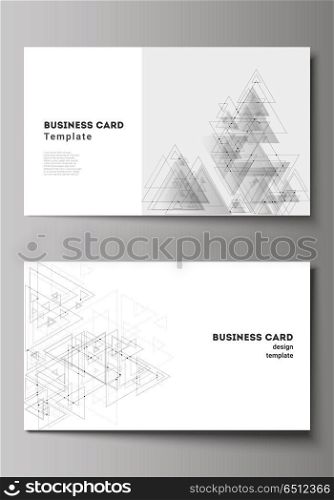 The minimalistic abstract vector illustration of editable layout of two creative business cards design templates. Polygonal background with triangles, connecting dots and lines. Connection structure.. The minimalistic abstract vector illustration of editable layout of two creative business cards design templates. Polygonal background with triangles, connecting dots and lines. Connection structure