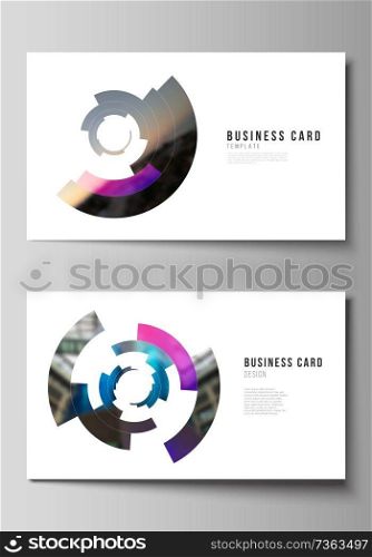 The minimalistic abstract vector illustration of editable layout of two creative business cards design templates. Futuristic design circular pattern, circle elements forming geometric frame for photo. The minimalistic abstract vector illustration of editable layout of two creative business cards design templates. Futuristic design circular pattern, circle elements forming geometric frame for photo.