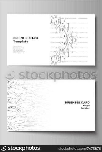 The minimalistic abstract vector illustration of editable layout of two creative business cards design templates. Trendy modern science or technology background with dynamic particles. Cyberspace grid.. The minimalistic abstract vector illustration of editable layout of two creative business cards design templates. Trendy modern science or technology background with dynamic particles. Cyberspace grid