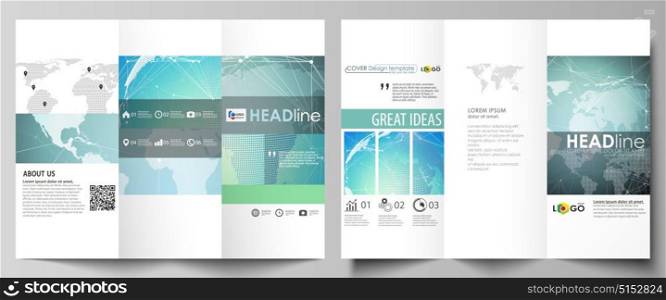 The minimalistic abstract vector illustration of editable layout of two creative tri-fold brochure covers design business templates. Chemistry pattern, molecule structure, geometric design background.. The minimalistic abstract vector illustration of the editable layout of two creative tri-fold brochure covers design business templates. Chemistry pattern, molecule structure, geometric design background.